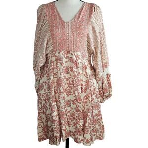 Sincerely Jules Womens Large Pink Floral & Embroidered V-Neck Smocked Mini Dress